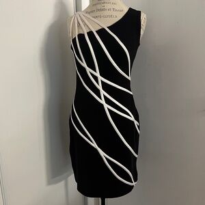 Tadashi Dress Women's Small Black White Asymmetric Bodycon Mini Stripy Made USA